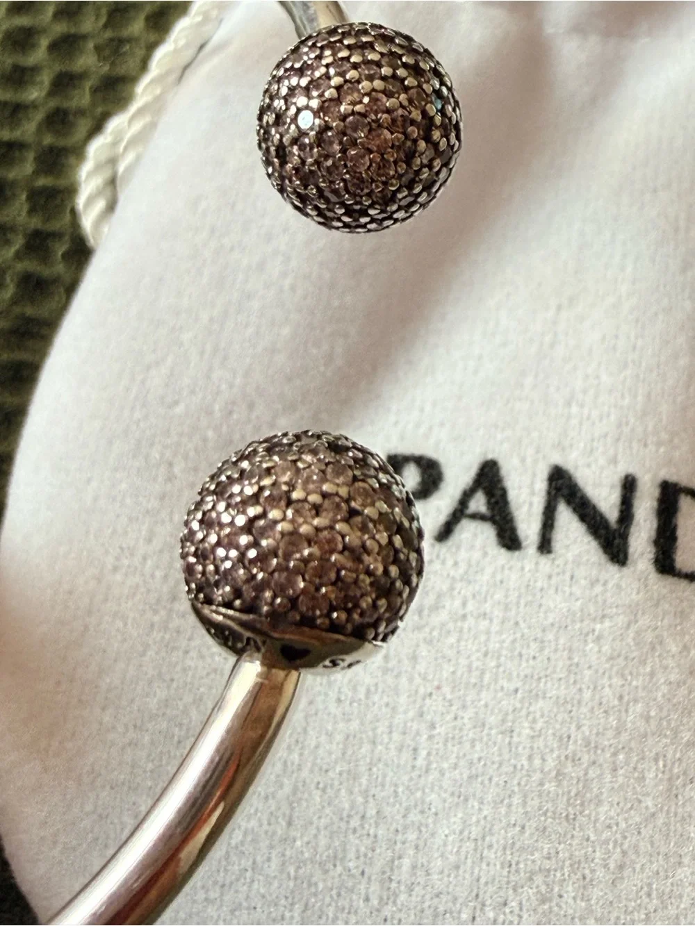 Pandora Silver with pink Pavé Ball Open Bangle - Silver Sparkle